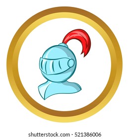Medieval helmet vector icon in golden circle, cartoon style isolated on white background