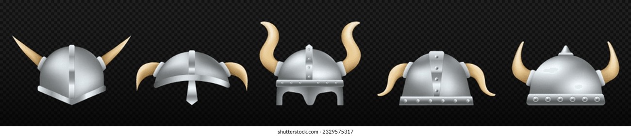 Medieval helmets with horns. Ancient protective headdress of medieval northerner warrior for role playing and combat vector design