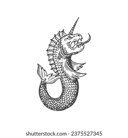 Medieval heraldic animal monster sketch. Fantasy creature, magic animal or horned sea monster, medieval narwhal heraldic etching vector emblem. Mythical beast ancient coat of arms, sketch insignia