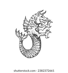 Medieval heraldic animal monster sketch. Mythical animal, legend beast or mythology sea dragon royal heraldry sketch vector insignia. Magic creature coat of arms, hand drawn history heraldic emblem