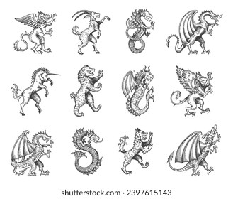 Medieval heraldic animals and monsters, vintage heraldry or tattoo sketch vector creatures. Fantastic mythic animals heraldic icons of eagle griffin, unicorn and dragon, rampant lion, bear and goat