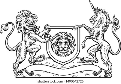 A medieval heraldic coat of arms crest emblem featuring lion and unicorn supporters flanking a shield.