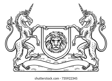 A medieval heraldic coat of arms crest emblem featuring unicorn supporters flanking a shield.