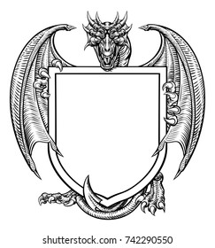 A medieval heraldic coat of arms crest emblem featuring dragon and shield.