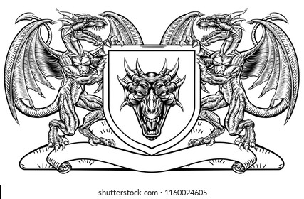 A medieval heraldic coat of arms emblem featuring rampant guardant dragon animal supporters flanking a shield charge in a vintage woodblock style.