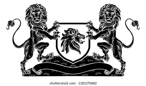 A medieval heraldic coat of arms emblem featuring lion supporters flanking a shield charge in a vintage retro woodcut style.