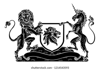 Un emblema medieval heráldico del escudo de armas con un desenfrenado león de guardia y partidarios de los animales unicornios flanqueando una carga escudo al estilo de un viejo bloque de madera.