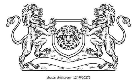 A medieval heraldic coat of arms emblem featuring rampant lion animal supporters flanking a shield charge in a vintage woodblock style.