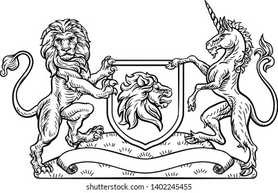 A medieval heraldic coat of arms emblem featuring lion and unicorn animal supporters flanking a shield charge in a vintage retro woodcut style.