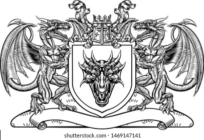 A medieval heraldic coat of arms emblem featuring dragon supporters flanking shield charge with knights helmet great helm and crown crest and filigree leaf mantling in a vintage retro woodblock style.