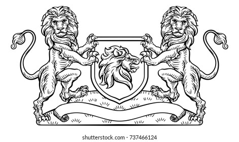 Un emblema medieval heráldico del escudo de armas con hinchas de los animales de la guardia desenfrenados flanqueando un escudo al estilo vintage de un bloque de madera.