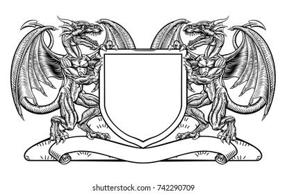 A medieval heraldic coat of arms emblem featuring rampant dragon animal supporters flanking a shield charge in a vintage woodblock style.