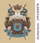 Medieval heraldic Coat of arms with griffins, white peacocks, knightly shield, spears, crown, fleur-de-lis and ribbon on a beige. Hand-drawn vector illustration in vintage style, emblem, sign, symbol