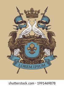 Medieval heraldic Coat of arms with griffins, white peacocks, knightly shield, spears, crown, fleur-de-lis and ribbon on a beige. Hand-drawn vector illustration in vintage style, emblem, sign, symbol