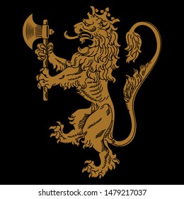 A medieval heraldic coat of arms, heraldic lion, heraldic lion silhouette, crowned lion holding an axe in its front paws, isolated on black, vector illustration