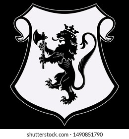 A medieval heraldic coat of arms, heraldic lion, heraldic lion silhouette, isolated on white, vector illustration