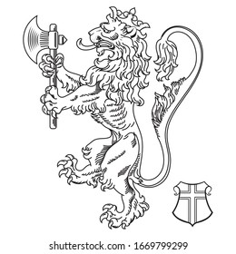 A medieval heraldic coat of arms, heraldic lion, heraldic lion silhouette, crowned lion holding an axe in its front paws, isolated on white, vector illustration