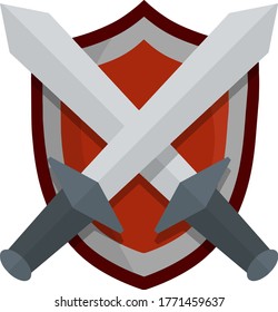 Medieval heraldic coat of arms. Red guard shield and crossed sword. Cartoon flat illustration. Old weapons and armor of knight and warrior. Defense and protection