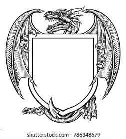 A medieval heraldic coat of arms shield crest emblem featuring dragon.