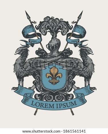 A medieval heraldic Coat of arms with shield, knightly armor, spears, helmet, griffins, ribbon and fleur de lis. Vector heraldry, emblem, sign, symbol. Hand-drawn color image in vintage style.