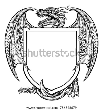 A medieval heraldic coat of arms shield crest emblem featuring dragon.