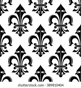 Medieval heraldic floral background of seamless black and white fleur-de-lis pattern. May be used as interior textile or luxury wallpaper design