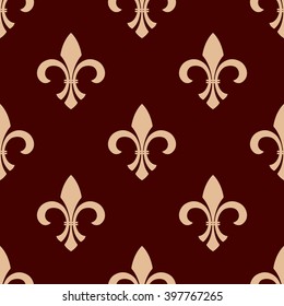 Medieval heraldic floral seamless pattern for interior wallpaper design with delicate beige fleur-de-lis ornament over brown background