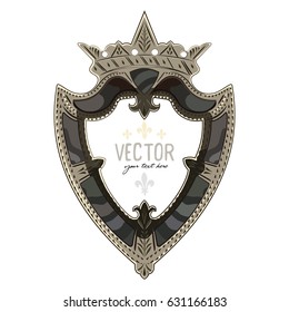 Medieval heraldic knight shield with crown and heraldic Lily, isolated on white, vector illustration, eps-10