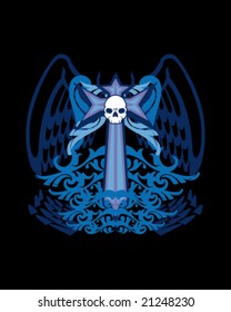 medieval and heraldic logo in skull for shirt, cross and bones
