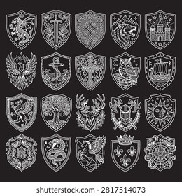 Medieval Heraldic Shield Icons Set, White Line Art Crests on Black, Kingdom Emblems Vector