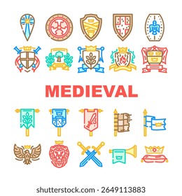 escudo de armas heráldicas medievais, ícones definir vetor. brasão, crista, escudo de blazon, tintura, carga, campo, fess bend, chevron, escudo de armas heráldicas medievais pálidas, ilustrações de linha de cor