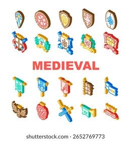 medieval heraldry arms shield, icons set vector. coat, crest, blazon escutcheon, tincture, charge, field, fess bend, chevron, pale medieval heraldry arms shield, isometric sign illustrations