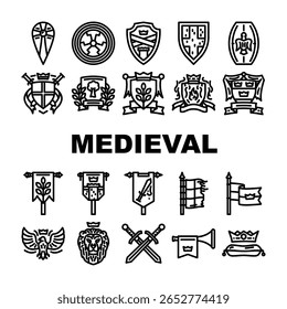 medieval heraldry arms shield, icons set vector. coat, crest, blazon escutcheon, tincture, charge, field, fess bend, chevron, pale medieval heraldry arms shield, black contour illustrations