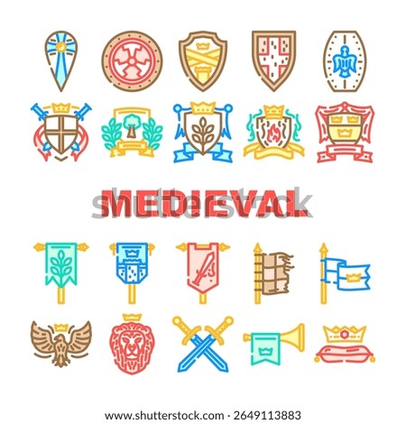 medieval heraldry arms shield, icons set vector. coat, crest, blazon escutcheon, tincture, charge, field, fess bend, chevron, pale medieval heraldry arms shield, color line illustrations