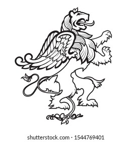 Medieval heraldry legendary creature. Stylish icon, vintage, background,  griff tattoo. Hand drawn vector illustration, outline black on white, griffon isolated