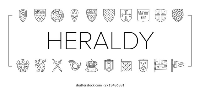 Conjunto de iconos de escudo de heráldica medieval Vector Armas, cresta, blasón, Recargo, escudo, fess, curva, pálido, chevron, águila de león Escudo de heráldica medieval Ilustraciones de contorno negro