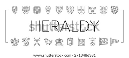 medieval heraldry shield icons set vector. arms, crest, blazon, charge, escutcheon, fess, bend, pale, chevron, lion eagle medieval heraldry shield black contour illustrations