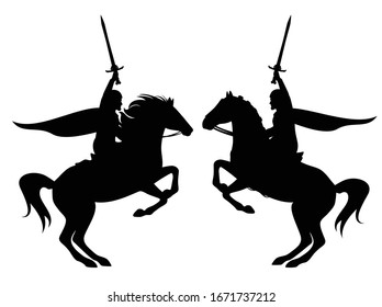 medieval hero knight holding sword riding rearing up horse black vector silhouette outline