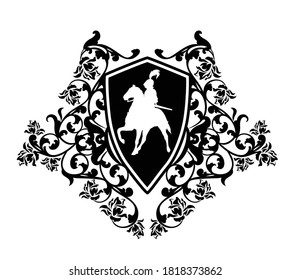 medieval hero knight riding horse in heraldic shield among rose flower decor - black and white vector coat of arms design