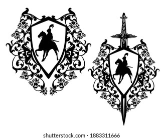 medieval hero knight riding horse in heraldic shield among rose flower decor and sword - black and white vector coat of arms design