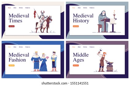 Medieval hisory, warfare, fashion, crafts landing page vector template set. Middle Ages website interface idea with flat illustrations. Homepage layout pack. Web banner, webpage cartoon concept