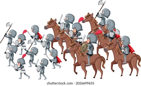 Medieval historical army characters going to the war illustration