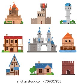 Medieval historical buildings of different countries set, towers, castles, forts, houses cartoon vector Illustrations