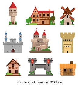 Medieval historical buildings of different countries set of cartoon vector Illustrations