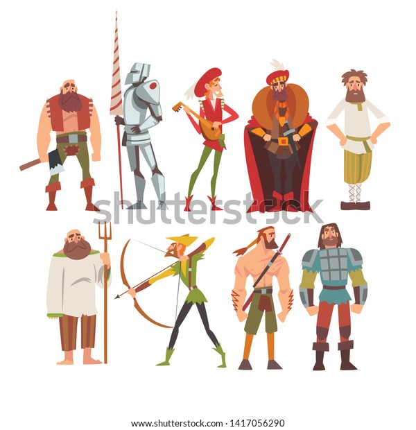 伝統衣装セット 農民 戦士 貴族 射手 ミュージシャン 農民のベクターイラストを使った中世の歴史的な漫画のキャラクター のベクター画像素材 ロイヤリティフリー