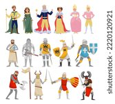 Medieval Historical Character with Royal Queen, King and Knight Warrior with Sword and Shield Big Vector Set