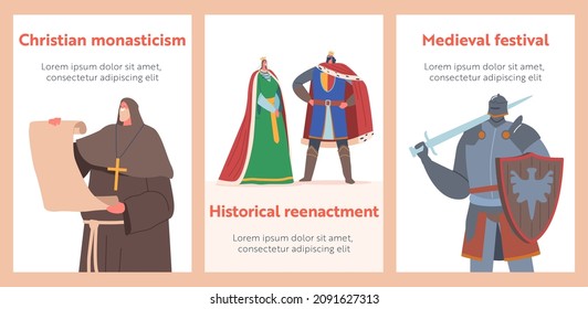 Medieval Historical Characters Cartoon Banners. Royal Queen and King, Monk with Parchment, Knight Warrior. Fairytale Ancient Heroes in Historic Costumes, Festival. Vector Illustration, Posters