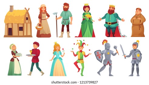 Medieval historical characters. Historic royal court alcazar knights, medieval peasant and king historic costume fairytale ancient aged isolated cartoon vector character icons set
