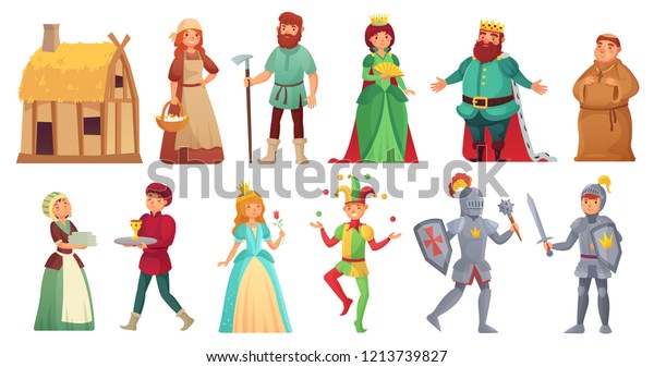 中世の歴史的人物 歴史的な王宮アルカザルナイツ 中世の農民と王の衣装おとぎ話の古代の独立した古代の漫画のベクター画像アイコンセット のベクター画像素材 ロイヤリティフリー