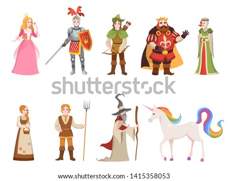 Medieval historical characters. Knight king queen prince princess fairy royal castle dragon horse witch set cartoon, fantasy vector collection